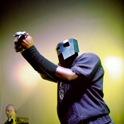 Prompt: mf doom, Victor Vaughn on stage performing curls from madvillany