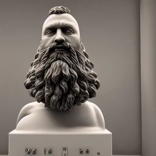 Image similar to a marble statue depicting a bearded wild man infront of a moog modular synthesizer, 8 k, unreal engine,