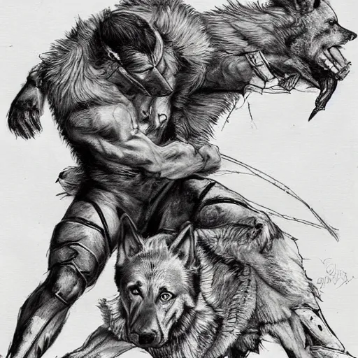 Image similar to a humanoid german shepherd beast - man wrestling with another german shepherd in the middle of an arena, pencil art, added detail, high definiton, colored, aerial viewyoji shinkawa