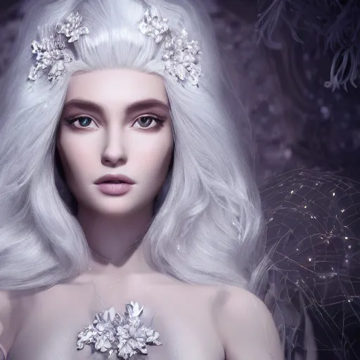 Image similar to wonderful princess of white diamonds with fair skin, white hair, white flowers, ornate with white diamonds, 8 k, gorgeous, intricate, detailed, glowing white accent lighting, dramatic lighting, octane render