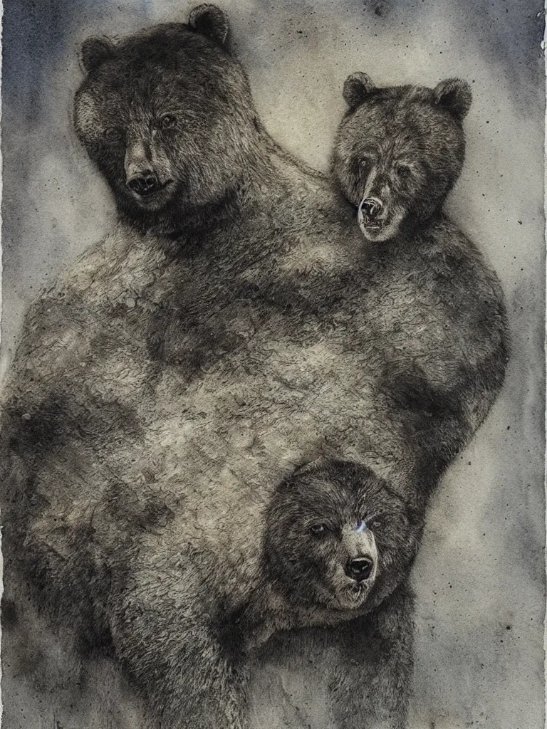 Prompt: Portrait of a Boy who is also a Bear, fine etching with watercolor by Ihor Podolchak and Santiago Caruso