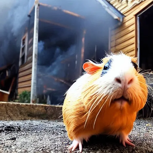 Image similar to a Guinea pig taking a selfie in front of a burning house