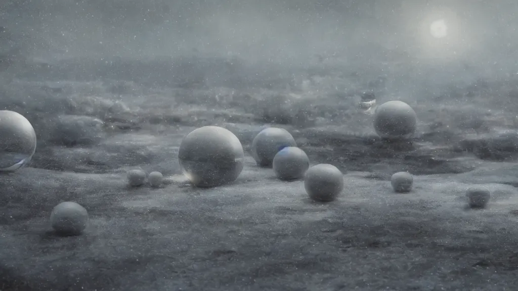 Image similar to a surreal dreamlike scene of transparent spheres containing miniature cities floating over a barren snowy landscape, somber melancholic matte painting, highly detailed oil painting, liminal space, 8k, stillness, solitude, icy cold pale silent atmosphere, masterpiece