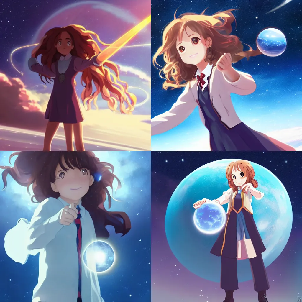 Prompt: a gigantic Hermione granger in outer space holding one single small blue planet in the palm of her hand. Anime, Makoto Shinkai, empty space, no planets, trending on ArtStation, digital art.