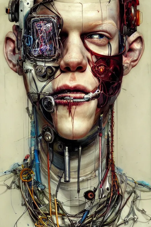 Image similar to cameron monaghan as a cyberpunk hacker, wires cybernetic implants, by esao andrews, jenny saville, james jean, dark art