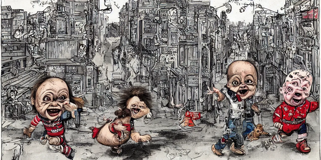 Prompt: a dog walking a screaming chucky doll on a inner city urban street set in the late 2 1 2 2 one hundred years of agi, caricature styling by jack davis