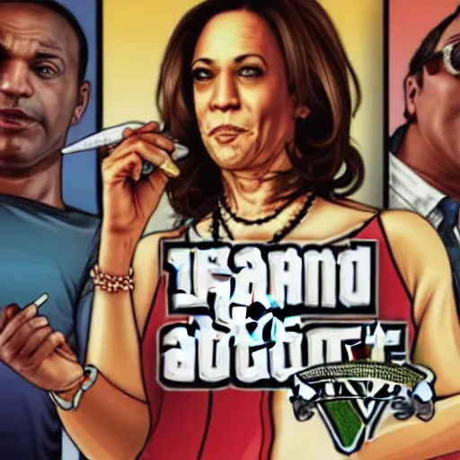 Image similar to gta 5 cover art of kamala harris eating a lolli - pop