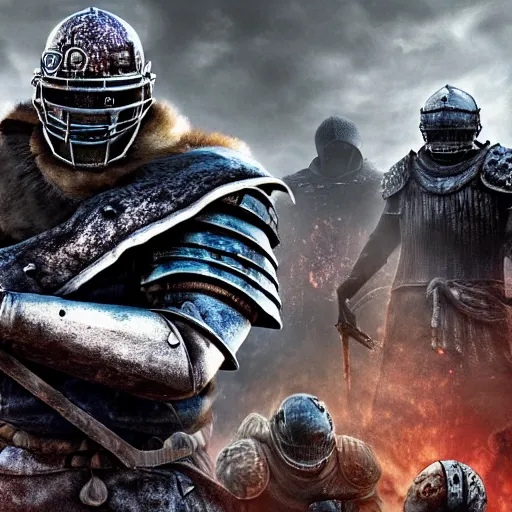 Prompt: Key art for the new Dark Souls expansion pack, 'Coach Belichick and the Siege of Footballtown'