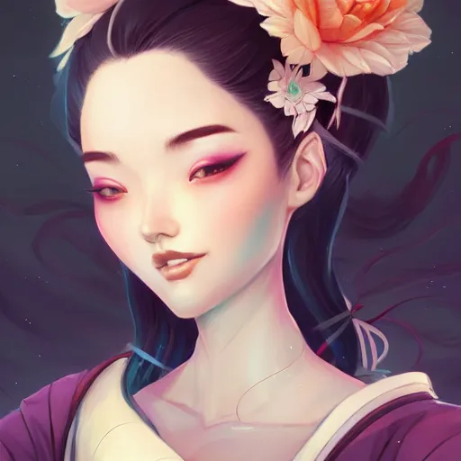 Image similar to a portrait of a beautiful geisha, art by lois van baarle and loish and ross tran and rossdraws and sam yang and samdoesarts and artgerm and saruei, digital art, highly detailed, intricate, sharp focus, Trending on Artstation HQ, deviantart, unreal engine 5, 4K UHD image