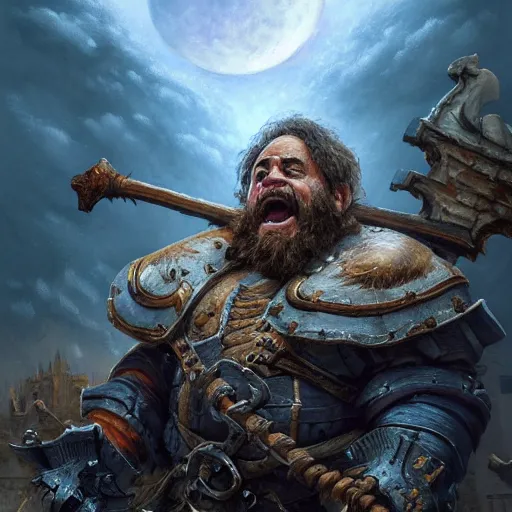 Image similar to danny devito as a dwarf fighting skeleton warriors, dramatic light, castle background, clouds, arctic, snow moon, storm, night, high detail, fantasy background, painted by stanley lau, painted by greg rutkowski, painted by stanley artgerm, digital art, trending on artstation