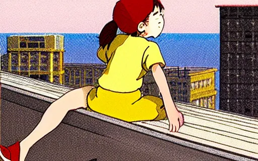 Prompt: a girl sitting on the roof of a building eating a sandwich, art by hayao miyazaki, studio ghibli film,