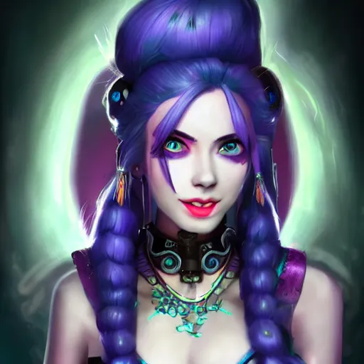 Image similar to portrait of Jinx from League of Legends, high resolution fantasy concept art, realistic, intricate details, soft lighting