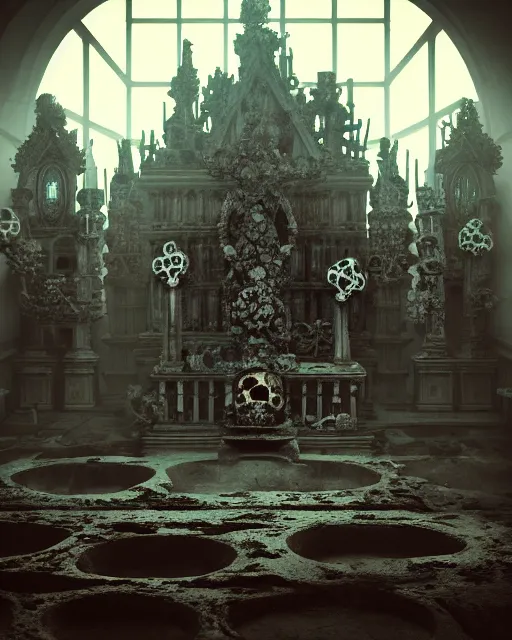 Image similar to full color, low ultrawide interior shot of sedlec ossuary, bones, anime style mixed with fujifilm, dark, foggy, atmospheric, artstation, cgsociety, octane render, cgi, denoise, detailed, cinematic masterpiece