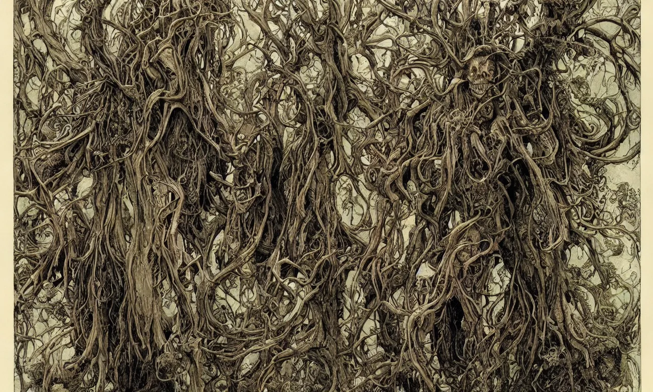 Image similar to hyperdetailed art nouveau portrait of treebeard and old groot as a cthulhu eyeball moose skull wendigo swamp thing creatures, by michael kaluta, pushead and bill sienkiewicz, photorealism, claws, skeleton, antlers, fangs, forest, wild, bizarre, scary, lynn varley, lovern kindzierski, steve oliff