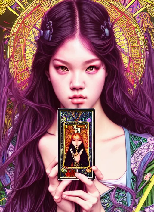 Image similar to jossi of blackpink, king, tarot card, highly detailed, digital painting, smooth, sharp focus, illustration, ultra realistic, 8 k, art by artgerm and alphonse mucha