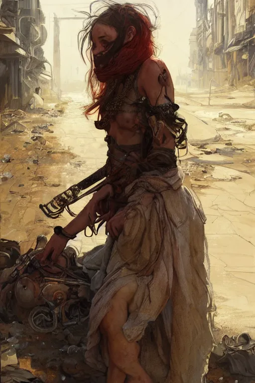 Image similar to a full body portrait of a beautiful post apocalyptic offworld artisans district bedouin blind pulp fiction scarlet wild rogue barbarian leper begging by the roadside, intricate, elegant, highly detailed, digital painting, artstation, concept art, smooth, sharp focus, illustration, art by krenz cushart and artem demura and alphonse mucha