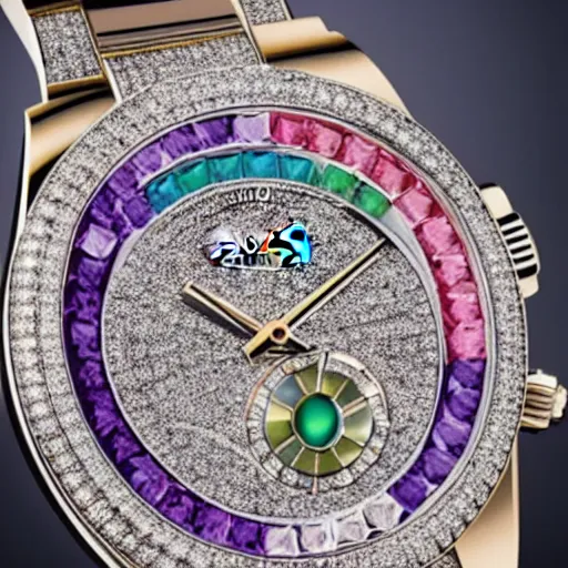 Prompt: futuristic rolex watch blinged out with gems from other worlds