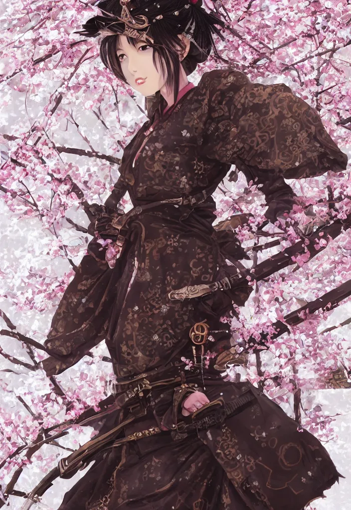 Prompt: detailed portrait of steampunk black girl samurai with tachi and cross bow combat pose in snow forest sakura cherry blossom swan hakama kimono trending on artstation elite, elegant, luxury, by krenz cushart, junji ito, perfect face, fine details, realistic shaded, fine - face, pretty face