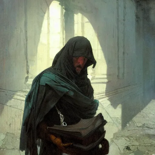 Image similar to full face portait of magican wearing a closed cowl and big old book! chained to the wrist, jeremy mann, jean - leon gerome, tiepolo, alphonse mucha, greg rutkowski, face in the shadows, ( ( ruins of ancient rome ) ), at dusk, mysterious atmosphere, sunrays, dof, high detailed, 8 k