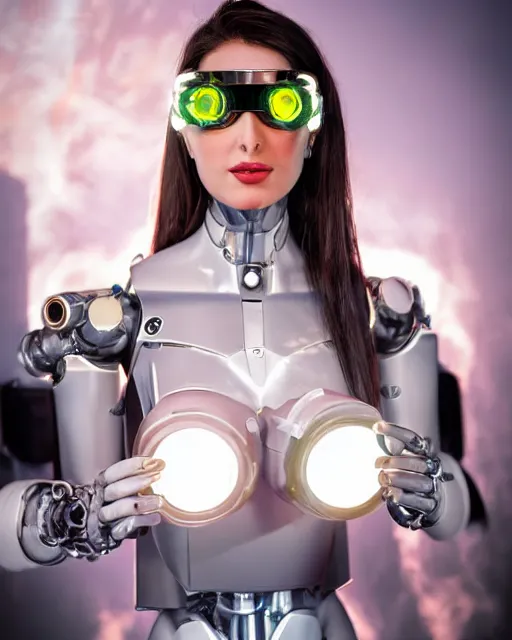 Image similar to centered portrait of flirtatious young sabrina salerno as a solarpunk mecha humanoid robotic parts wearing crystal goggles with bright led lights, real human face, pudica gesture bouguereau style, in white room, ultra - realistic and intricate, soft portrait shot 8 k