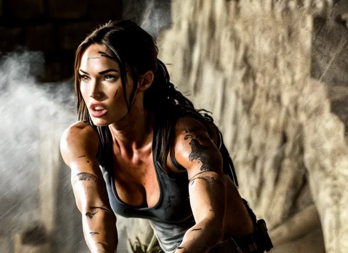 Image similar to film still of!!!! megan fox!!! as lara croft in new tomb raider movie, closeup portrait, exploring inside of aztec temple, action pose, dramatic lighting, octane, mist, volumetric lighting, 8 k