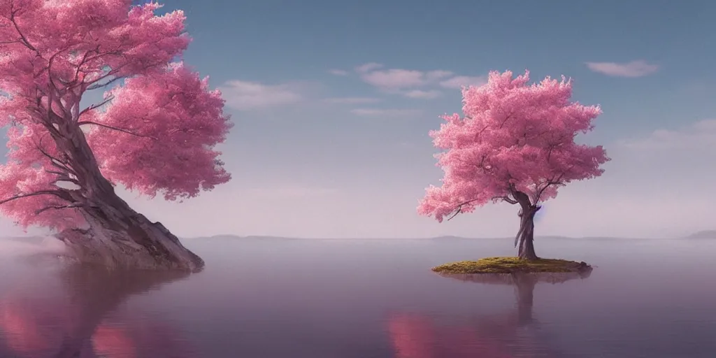 Image similar to vanishing point a single sakura tree upon a lake, viewed from afar, stephen bliss, mist, unreal engine, fantasy art by greg rutkowski, loish, rhads, ferdinand knab, makoto shinkai and lois van baarle, ilya kuvshinov, rossdraws, tom bagshaw, global illumination, radiant light, minimalist, detailed and intricate environment