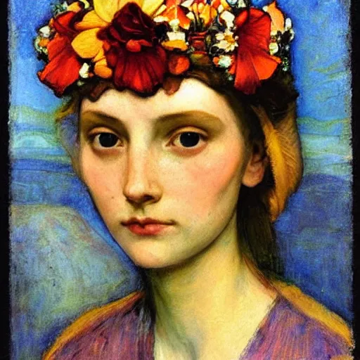 Image similar to the flower crown, by Annie Swynnerton and Nicholas Roerich, elaborate costume, flowers, rich color, dramatic cinematic lighting, smooth, sharp focus, extremely detailed