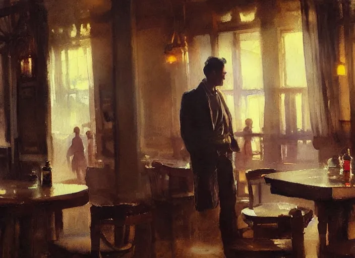 Image similar to oil watercolor painting of young guy in western bar, mysterious light, art by anders zorn, wonderful masterpiece by greg rutkowski, beautiful cinematic light, american romanticism by greg manchess, creation by tyler edlin