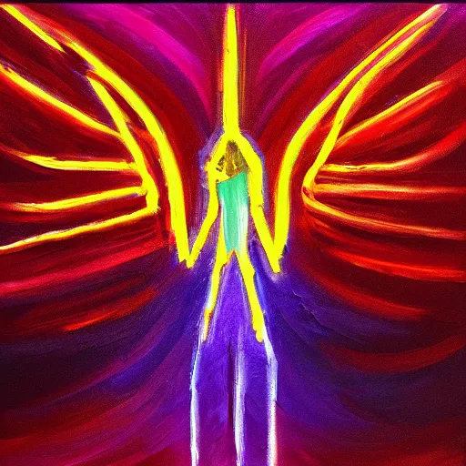 Prompt: Humans with wings flying to a neon light, oil painting