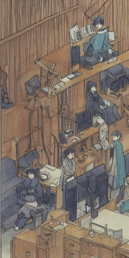 Image similar to a court room with a justice scale on the desk, drawn by a famous anime artist Hayao Miyazaki, high quality, fine lines, amazing detail. colored, intricate ink painting, the justice tarot card, psychedelia,