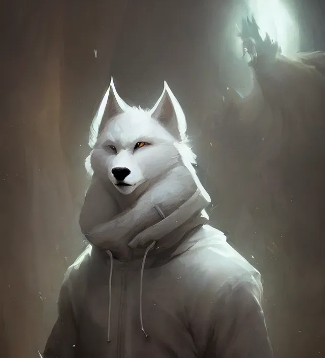 Image similar to a beautiful portrait of a handsome male anthropomorph white wolf furry fursona wearing a hoodie. character design by cory loftis, fenghua zhong, ryohei hase, ismail inceoglu and ruan jia. artstation, volumetric light, detailed, photorealistic, rendered in octane