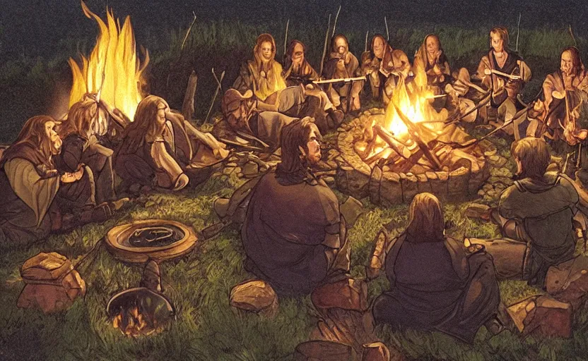 Image similar to illustration of the fellowship of the ring making s'mores around a campfire