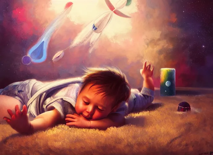 Image similar to toddler elon musk lying on a shaggy rug playing with his space rockets, realistic oil painting, beautiful soft lighting, istvan sandorfi