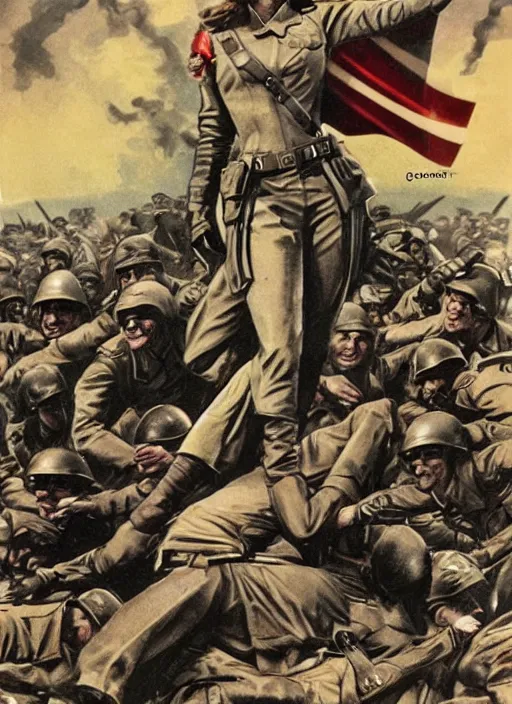 Prompt: beautiful female captain america standing on a pile of defeated german soldiers. feminist captain america wins wwii. boot on hitler's head. american wwii propaganda poster by james gurney