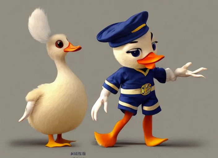 Image similar to award - winning detailed concept art of a cute iconic anthropomorphic duck character wearing a sailor suit. art by wlop on bcy. net, realistic. detailed feathers, art by cheng yi. artstationhd, artgerm, disney, pixar zootopia. 3 d rendering, high quality model sheet, donald