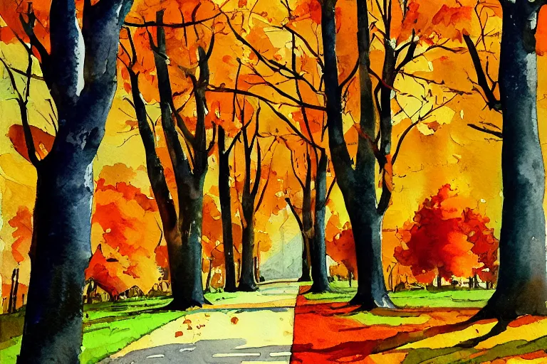 Prompt: avenue autumn watercolor pen light color on artstation