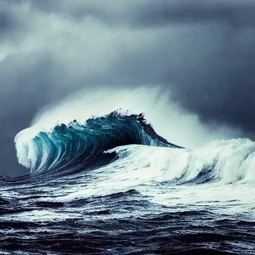 Prompt: a huge wave engulfing a small wooden boat during a sea storm