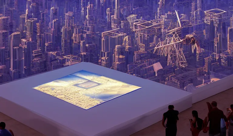 Image similar to crowd of people in simple white museum, looking at hologram of futuristic city on a table, cinematic concept art, godrays, golden hour, natural sunlight, 4 k, clear details, tabletop model buildings, center model buildings, hologram center, crane shot, crane shot, crane shot