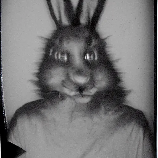 Image similar to Haunted terrifying humanoid rabbit captured on grainy polaroid