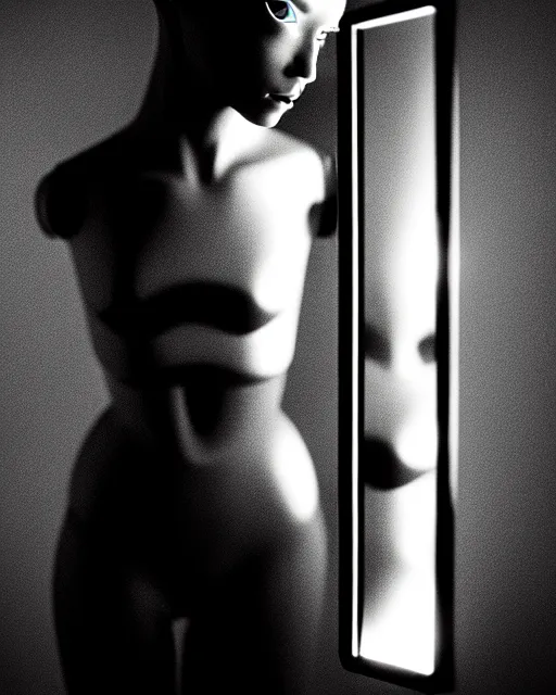 Image similar to black and white high quality photo of a female AI-cyborg-doll looking into a sci-fi mirror, volumetric lighting, hyperdetailed, photorealistic, masterpiece, elegant, dark, in the style of Man Ray,