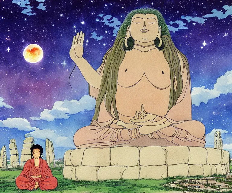 Image similar to a hyperrealist studio ghibli watercolor fantasy concept art of a giant long haired buddha in lotus position in stonehenge with a starry sky in the background. a giant ufo from independence day ( 1 9 9 6 ) is floating in the air. by rebecca guay, michael kaluta, charles vess