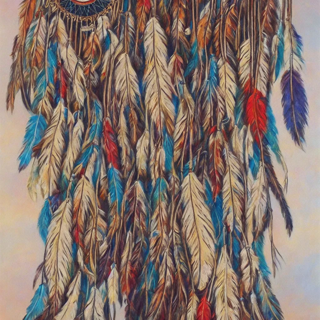 Prompt: dreamcatcher, native american art, peaceful, countryside, realistic, oil painting