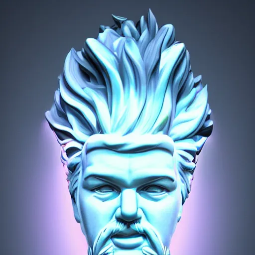 Image similar to sci - fi cgartist wide shot anaglyph ambient occlusion rendering of a hyper realistic marble greek statuary regal god head resembling guy fieri glowing with embedded vaporwave leds product photo high key colored lighting, trending on artstation volumetric lighting