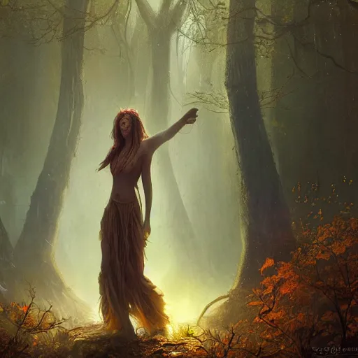 Prompt: cinematic portrait of a, dryad priestess, inspired by brian froud, inspired by dungeons and dragons, in an evening autumn forest, art station, sunset evening lighting, ominous shadows by jessica rossier and greg rutkowski