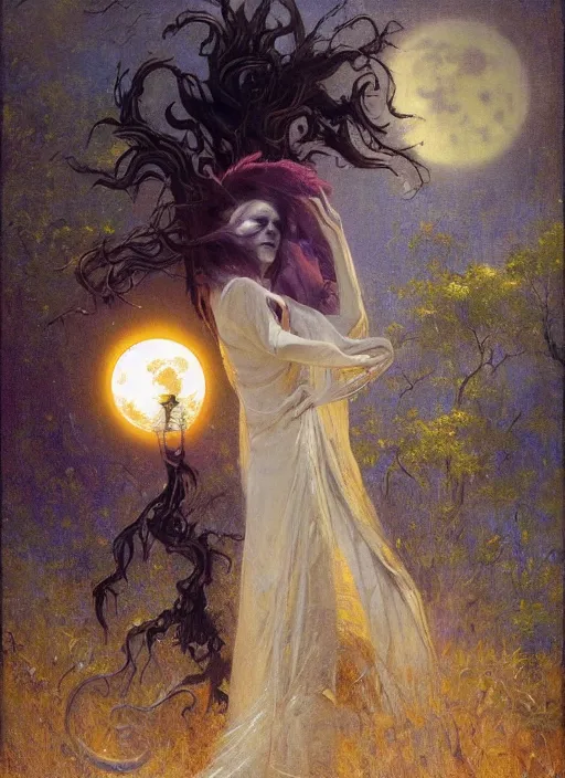 Image similar to surrealism, abstract, a dark witch in front of the full big moon, painting by gaston bussiere, craig mullins, j. c. leyendecker