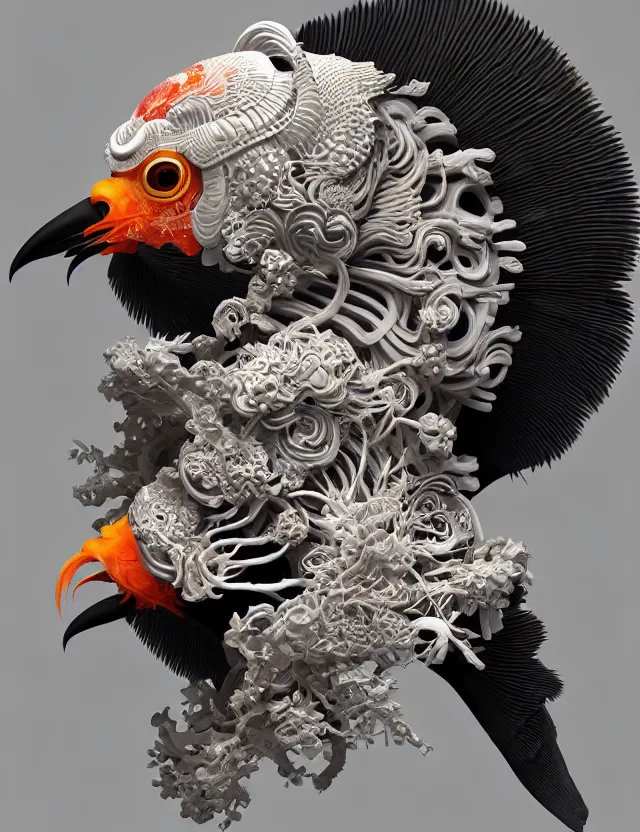 Image similar to 3 d hard surface modelling goddess close - up profile portrait with ram skull. beautiful intricately detailed japanese crow kitsune mask and clasical japanese kimono. betta fish, jellyfish phoenix, bio luminescent, plasma, ice, water, wind, creature, artwork by tooth wu and wlop and beeple and greg rutkowski