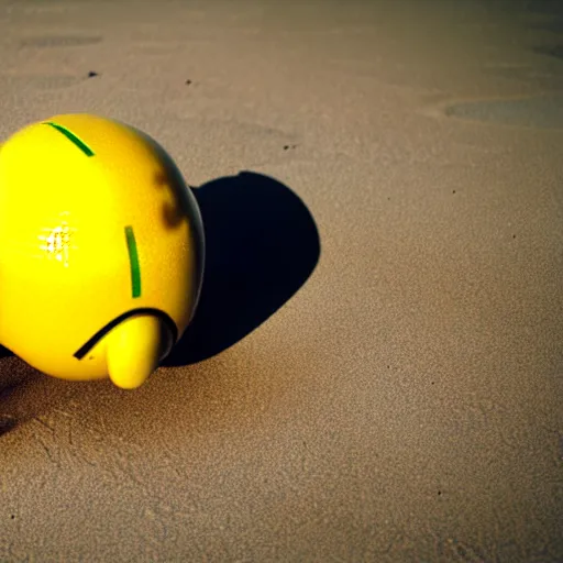 Image similar to anthromorphic robotic lemon relaxing in a beach, photorealistic 3 d octane render, unreal engine