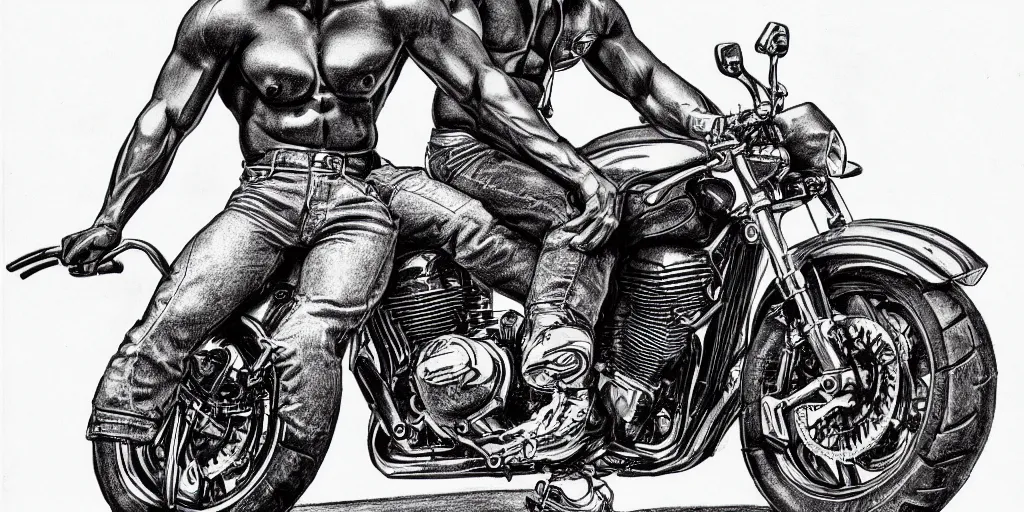 Image similar to men and motorcycles, detailed physique pictorial high quality pencil and ink drawing by tom of finland