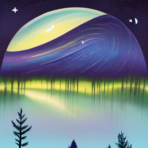 Image similar to a painting of a night sky with stars and trees, poster art by tim biskup, behance contest winner, space art, poster art, wallpaper, digital illustration