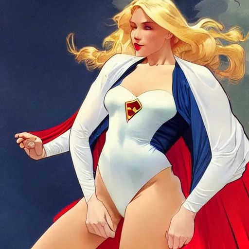 Prompt: a beautiful pin - up of a beautiful cute superhero woman, blonde hair, tight matte navy - blue bodysuit, white cape, intricate, elegant, 8 k, highly detailed, digital painting, concept art, smooth, sharp focus, illustration, by artgerm greg rutkowski alphonse mucha loish wlop